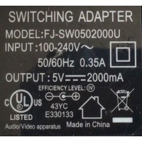 CARGADOR / ADAPTADOR DE FUENTE DE ALIMENTACION SWITCHING / VCA-VCD / NUMERO DE PARTE FJ-SW0502000U / ENTRADA VCA 100-240~50/60HZ 0.35A / SALIDA VCD 5V 2000MA / MODELO FJ-SW0502000U